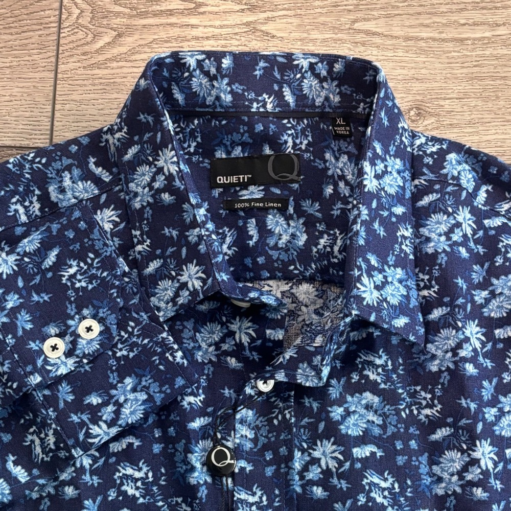 Quieti Button Down Shirt Mens XL Navy Floral Pattern Linen New Preppy Casual